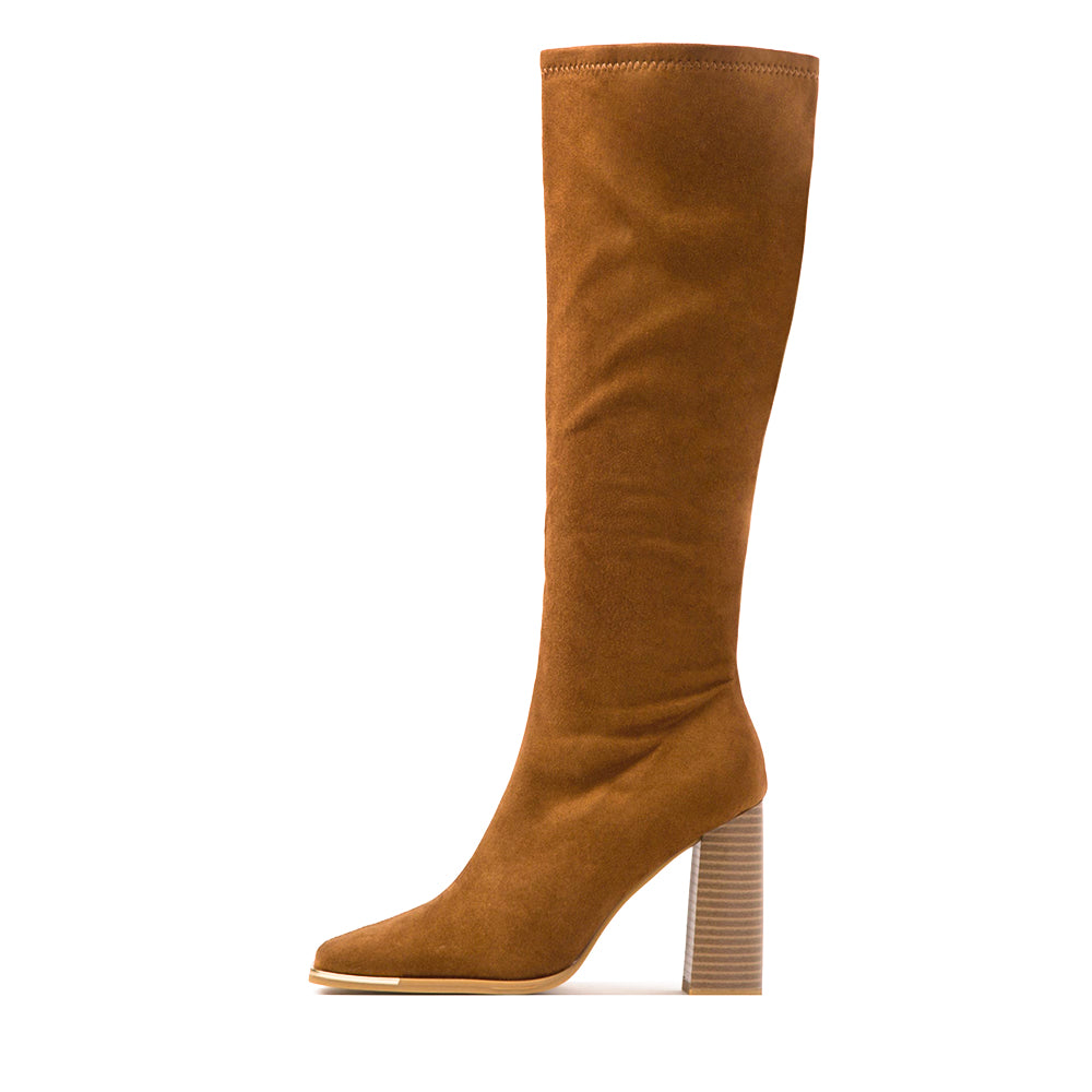 Brown Vegan Suede Square Toe Knee High Boots with Block Heels