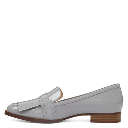 Gray Patent Leather Closed-Toe Fringe Women's Loafers with Buckle