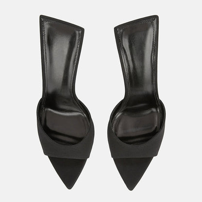 Women's Classic Black Satin Open Toe Flared Heel Mules Sandals