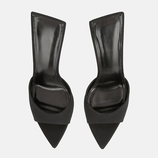 Women's Classic Black Satin Open Toe Flared Heel Mules Sandals