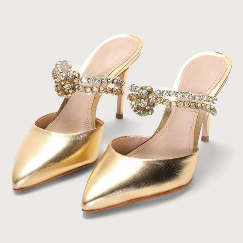 Women's Gold Evening Shoes Pointed Toe Rhinestone Mule Heels