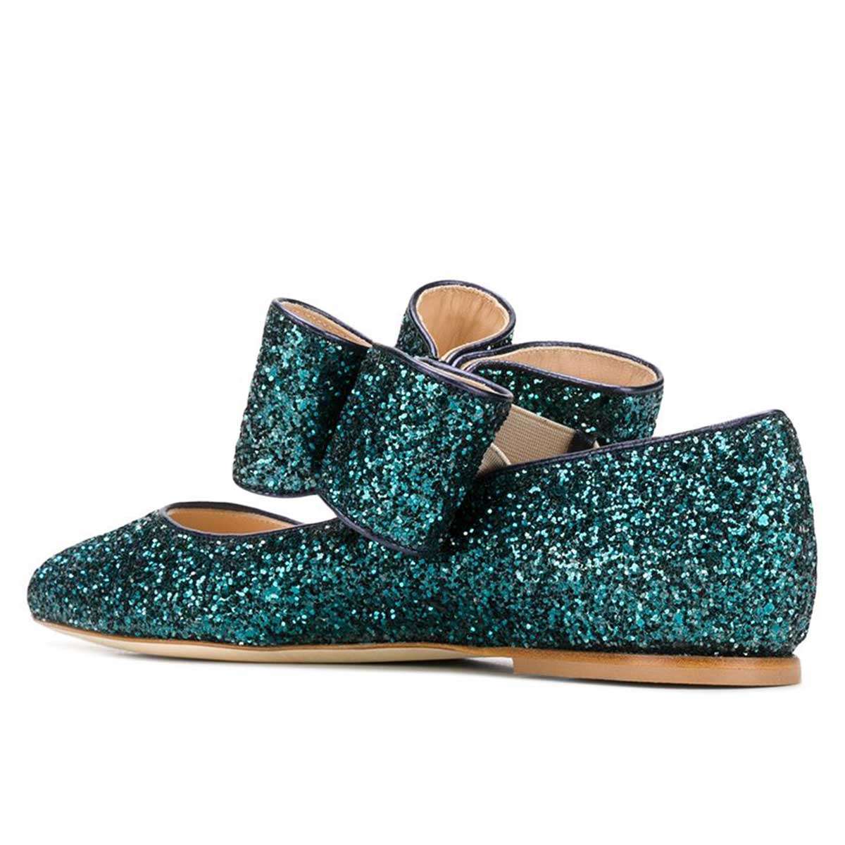 Green Glitter Bow Pointy Toe Comfortable Flats