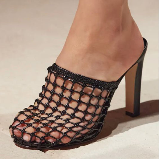 Elegant Black Closed Round Toe Hollow Out Woven Mule Heels