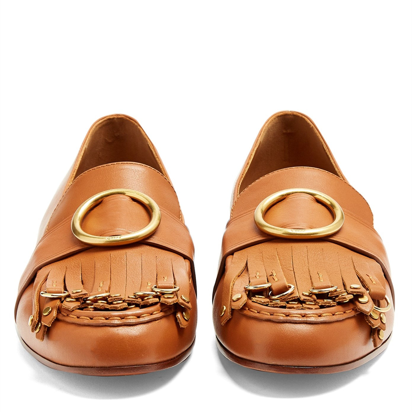 Tan Round Toe Fringe Flats Circle Buckle Studded Loafer Shoes Women