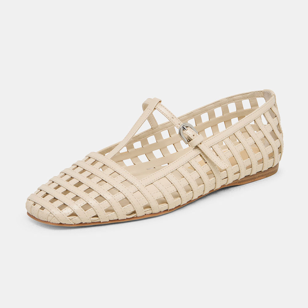 FSJ Casual Ivory Square Toe Cut-Outs Summer Flats with T-Strap