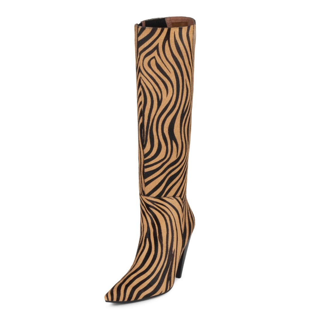 Brown and Black Zebra Fashion Boots Cone Heel Knee High Boots