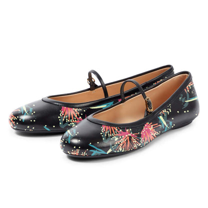 Black Vegan Leather Floral Print Round Toe Buckle Strap Flats