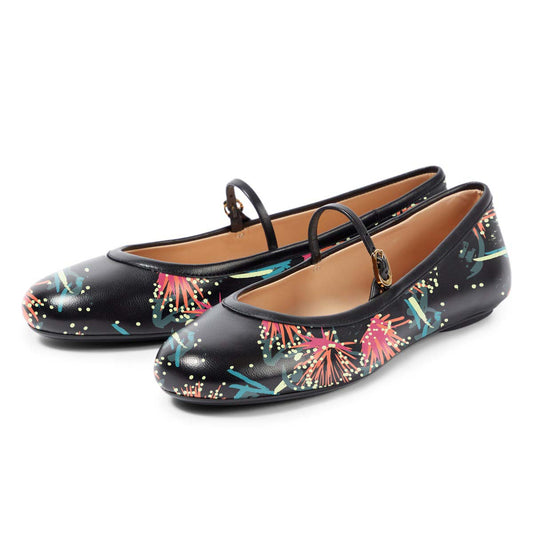 Black Vegan Leather Floral Print Round Toe Buckle Strap Flats