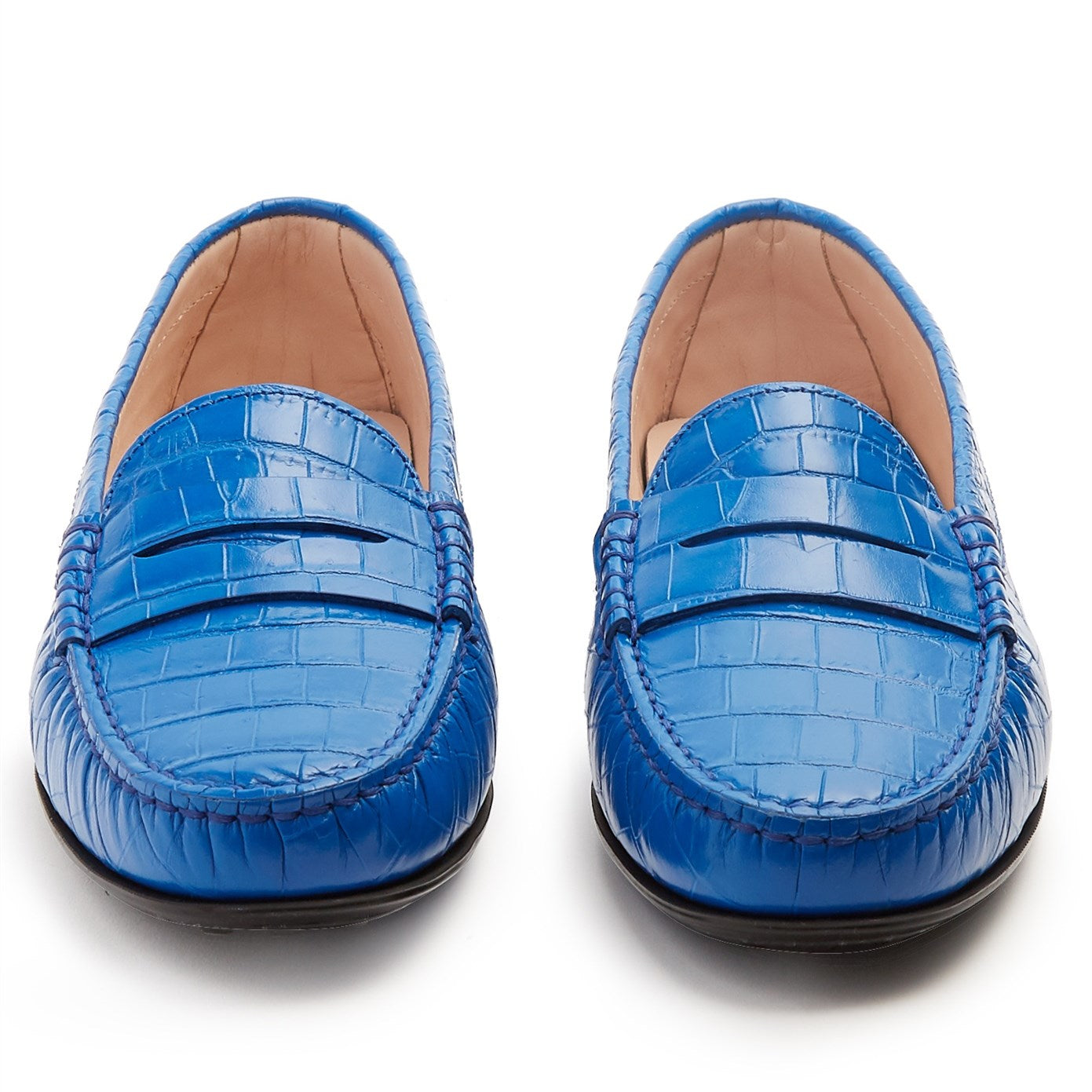 Blue Croco Embossed Round Toe Casual Flats Penny Loafers for Women