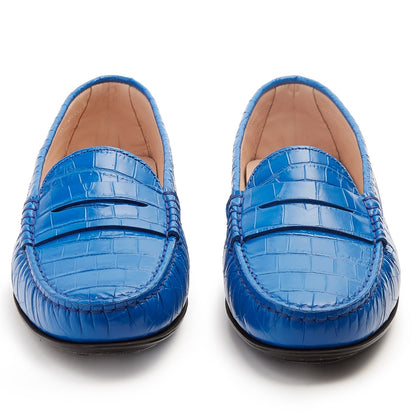 Blue Croco Embossed Round Toe Casual Flats Penny Loafers for Women