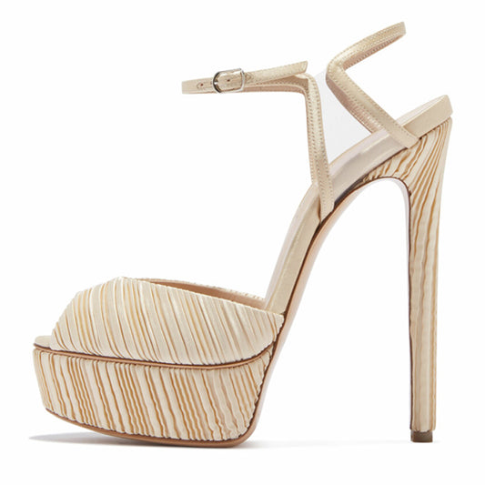 Beige Ruched Platform High Heels Women's Ankle Strap Peep Toe Sandals
