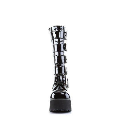Black Patent Leather Round Toe Wedge Heel Platform Knee High Boots