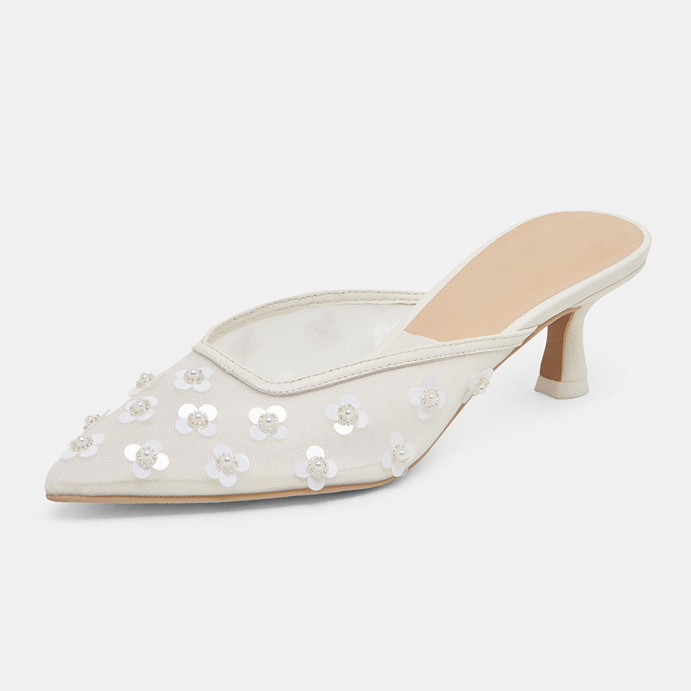 White Mesh Closed Toe Sequined Flower Spool Heel Mule Shoes for Women