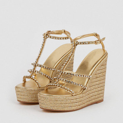 Gold Metallic Rhinestone T-Strap Wedge Heel Woven Platform Sandals