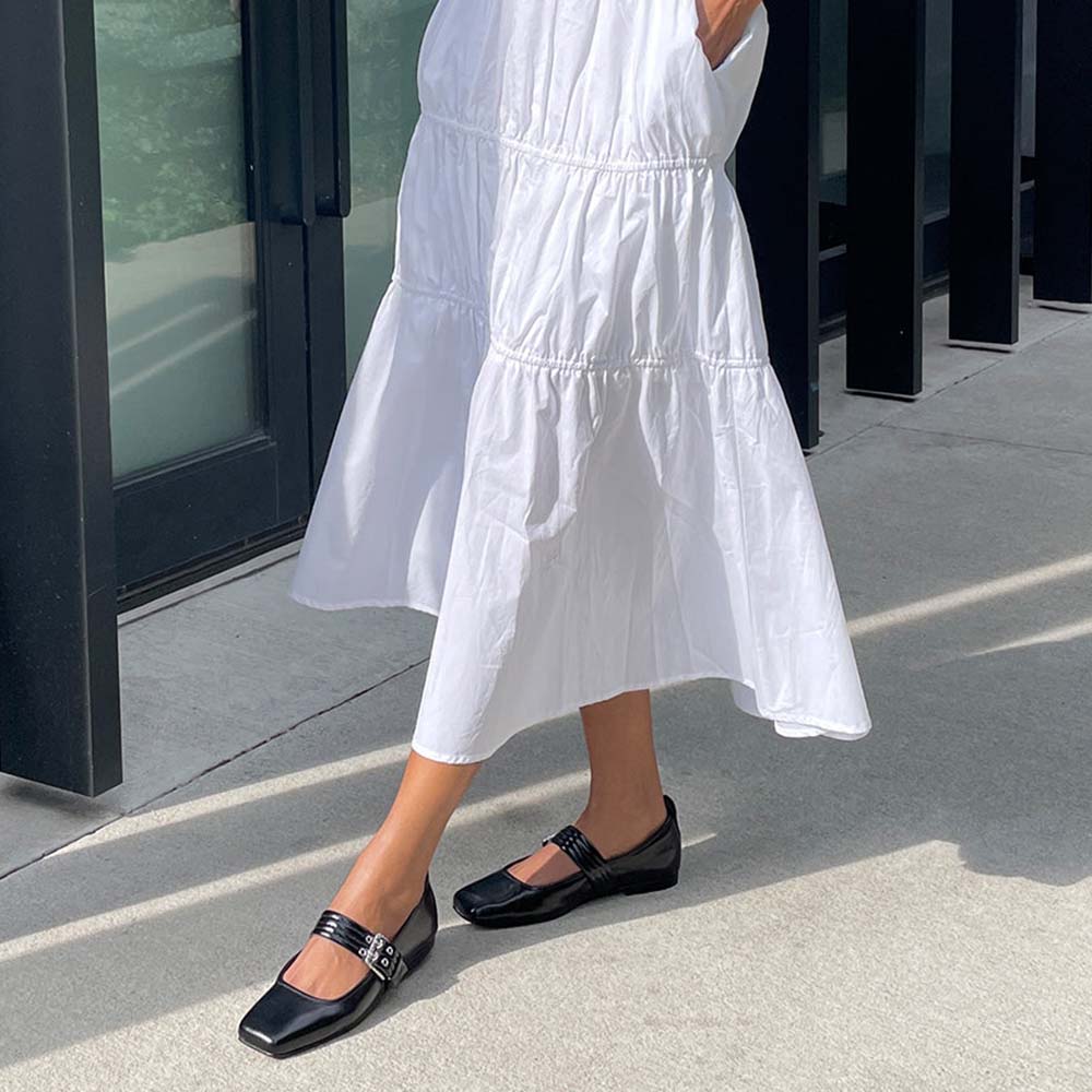 Black Patent Leather Square Toe Mary Jane Ballet Flats with Buckle