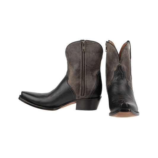 Black & Taupe Snip Toe Patchwork Zip Distressed Cowgirl Ankle Boots