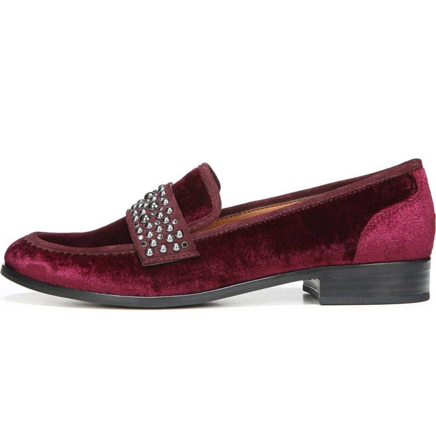 Burgundy Velvet Round Toe Studded Strap Low Heel Women's Loafers