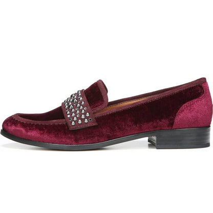 Burgundy Velvet Round Toe Studded Strap Low Heel Women's Loafers