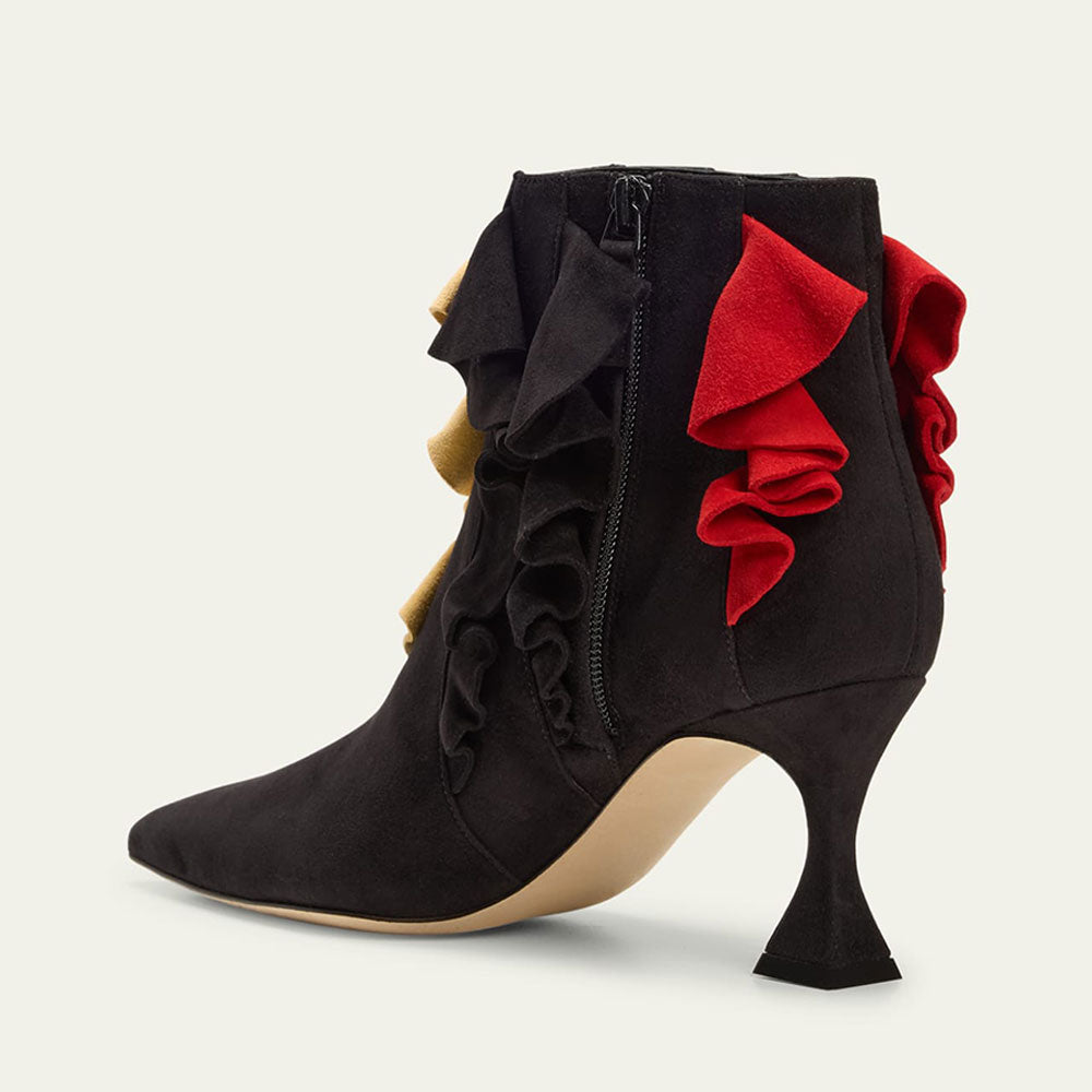 Black & Red Ruffles Design Pointed Toe Ankle Boots with Flared Heel