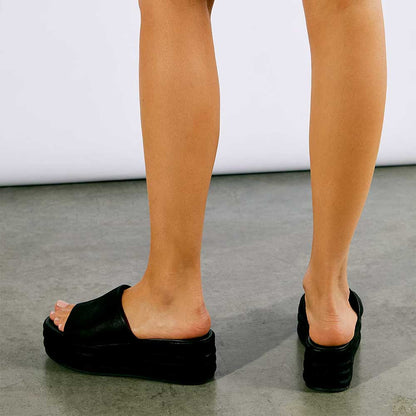 Women's Classic Black Square Toe Platform Wedge Heeled Mules