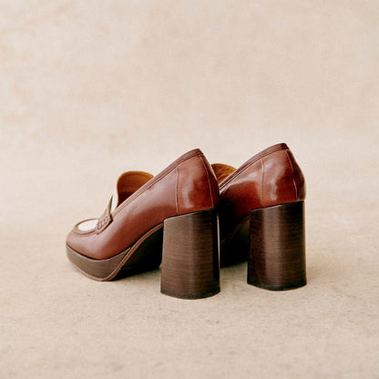 Brown Vegan Leather Square Toe 4'' Chunky Heel Platform Loafers