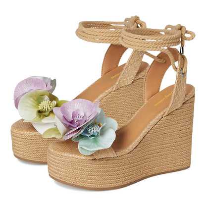 Khaki Woven Open Toe Floral Embellished Platform Heel Sandals
