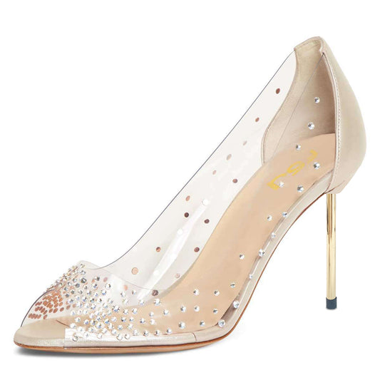Women's Clear Heels Peep Toe Rhinestone Pumps Shoes for Women