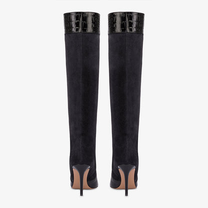 Black Crocodile Embossed Pointed Toe Stiletto Heel Knee High Boots