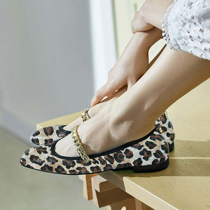 Trendy Square Toe Chain Strap Vegan Leather Leopard Flats