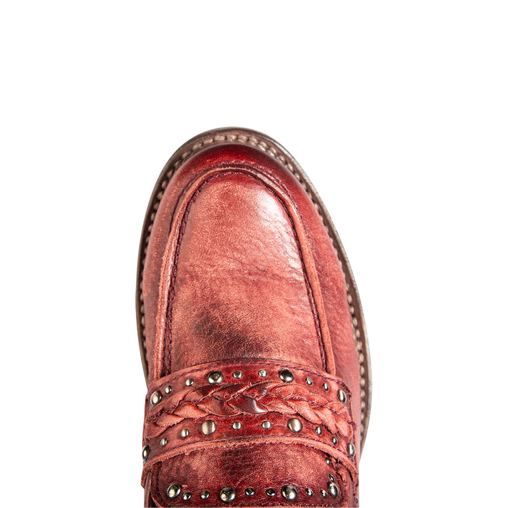 Maroon Distressed Block Heel Slip On Studded Low Heeled Loafers Women