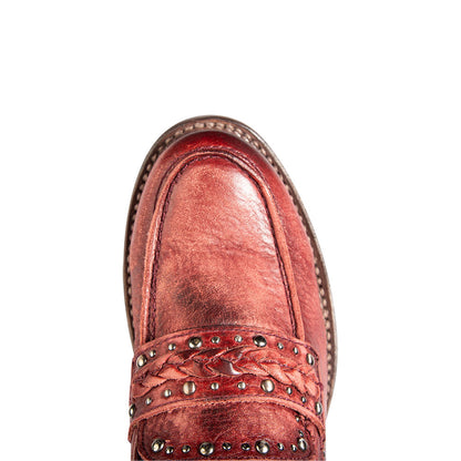 Maroon Distressed Block Heel Slip On Studded Low Heeled Loafers Women