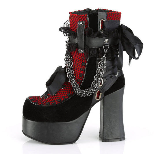 Black & Red Mesh Lace-Up Ruffled Strap Chain Platform Ankle Boots