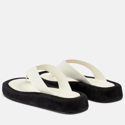 Women's Classic Ivory and Black Open Square Toe Flats Flip Flops