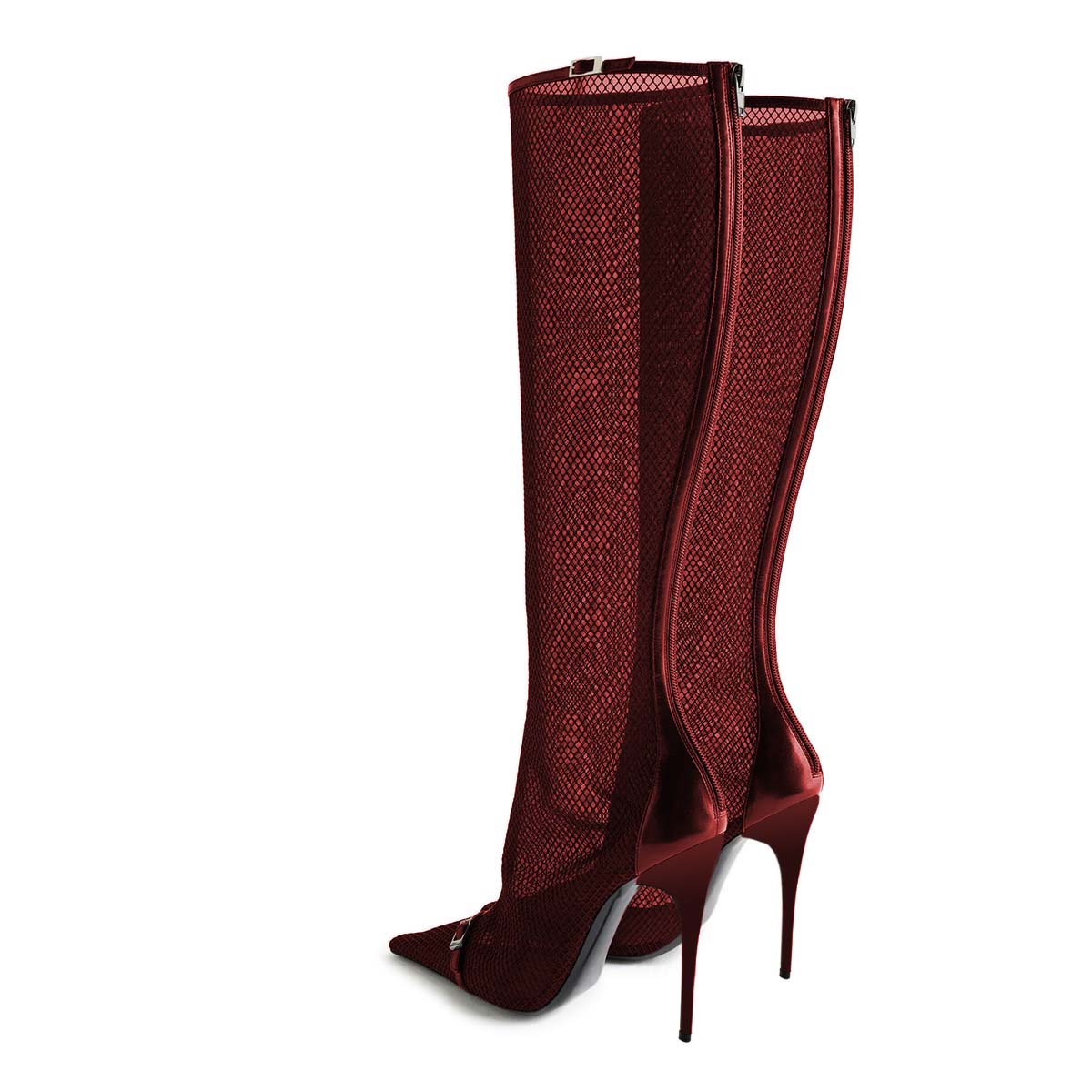 Red Mesh Pointed Toe Stiletto Heel Buckle Strap Zip Knee High Boots