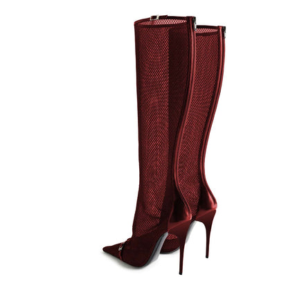 Red Mesh Pointed Toe Stiletto Heel Buckle Strap Zip Knee High Boots