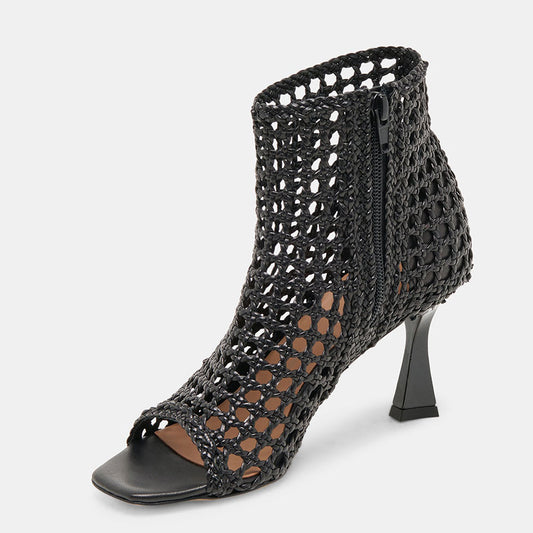 Women's Black Woven Cut Out Flared Heel Open Toe Booties with Zipper