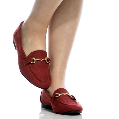 Dark Red Vegan Suede Flats Round Toe Horsebit Loafers