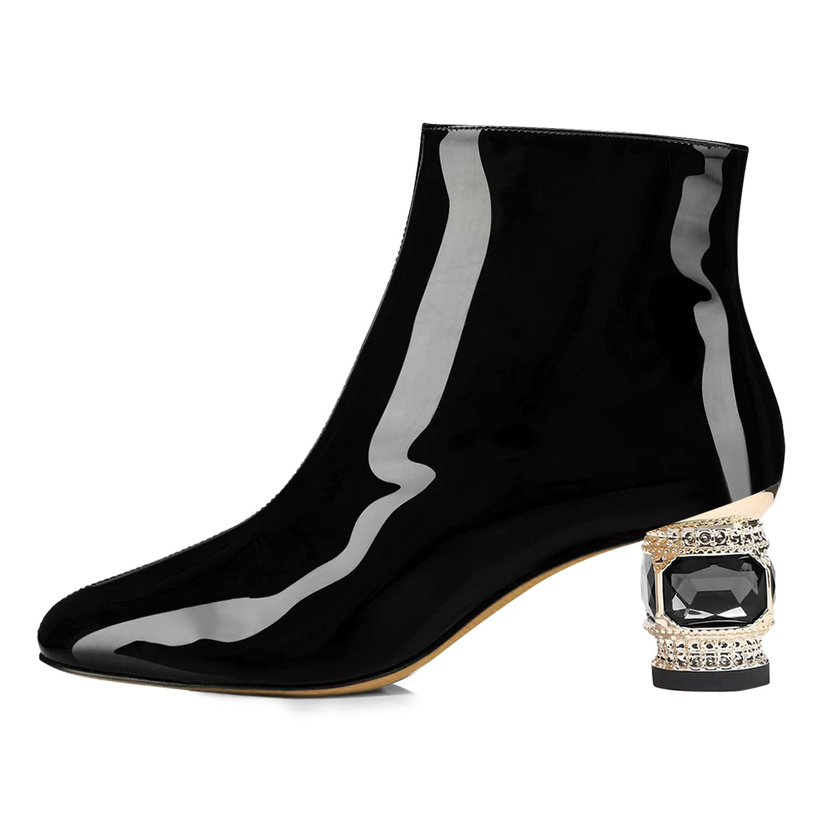 Black Pointed Toe Decorative Heel Side-Zip Elegant Ankle Boots