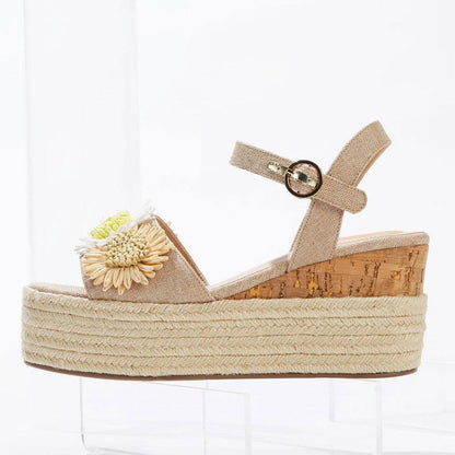 Nude Straw Flower Woven Platform Wedge Sandals with Ankle Strap