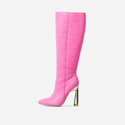 Women's Croco Embossed Decorative Heel Knee High Boots in Pink