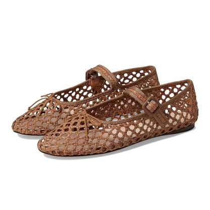 Brown Raffia Round Toe Cut Out Buckled Strappy Mary Jane Flats