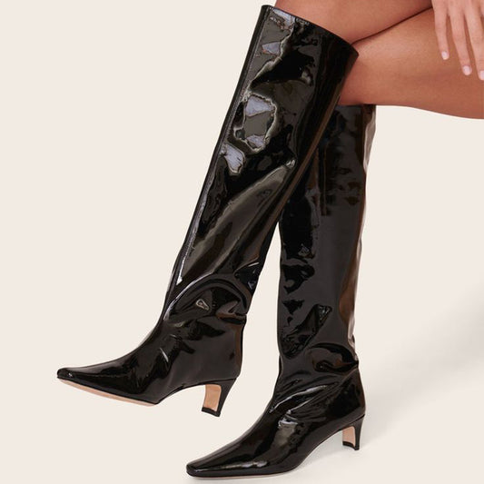 Black Patent Leather Pointed Toe Low Heel Knee High Boots for Women