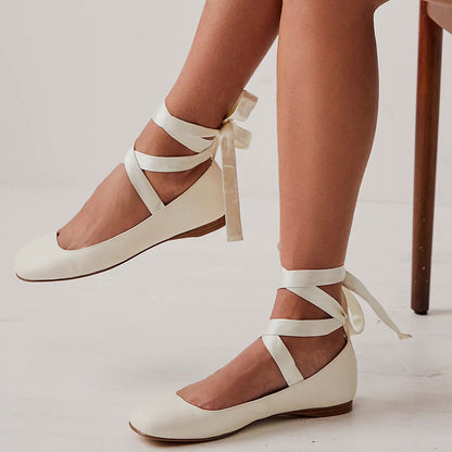 Ivory Vegan Leather Square Toe Lace-Up Ribbon Ballet Flats