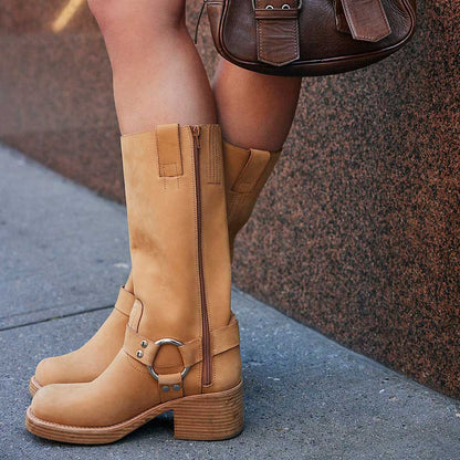 Tan Square Toe Platform Mid Calf Boots with Buckle & Studded Decor