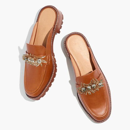 Brown Closed Round Toe Mules With Flower Decor Lug Sole Flats