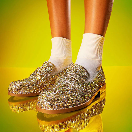 Classic Gold Rhinestone Round Toe Low Heel Penny Loafers for Women