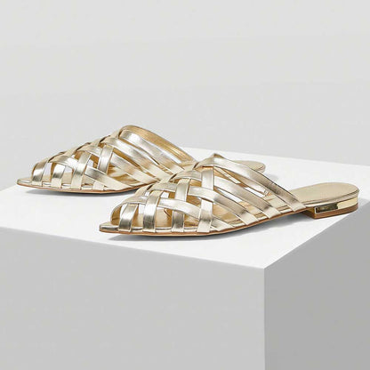 Metallic Finish Woven Pointed Toe Flat Gold Mules for Women