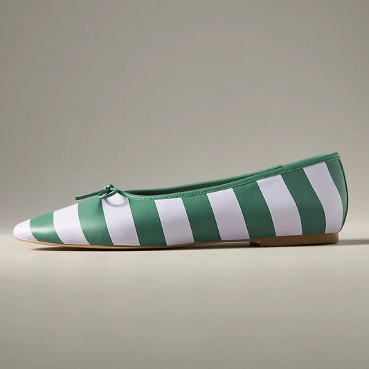 FSJ Chic White & Green Stripe Bow Ballet Flats with Square Toe