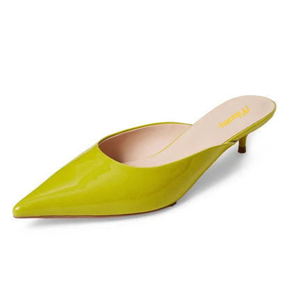 Women's Lemon Green Vegan Leather Low Heel Pointy Toe Mules Shoes