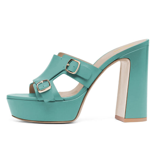 Turquoise Chunky High Heel Buckle Round Toe Platform Mules Sandals